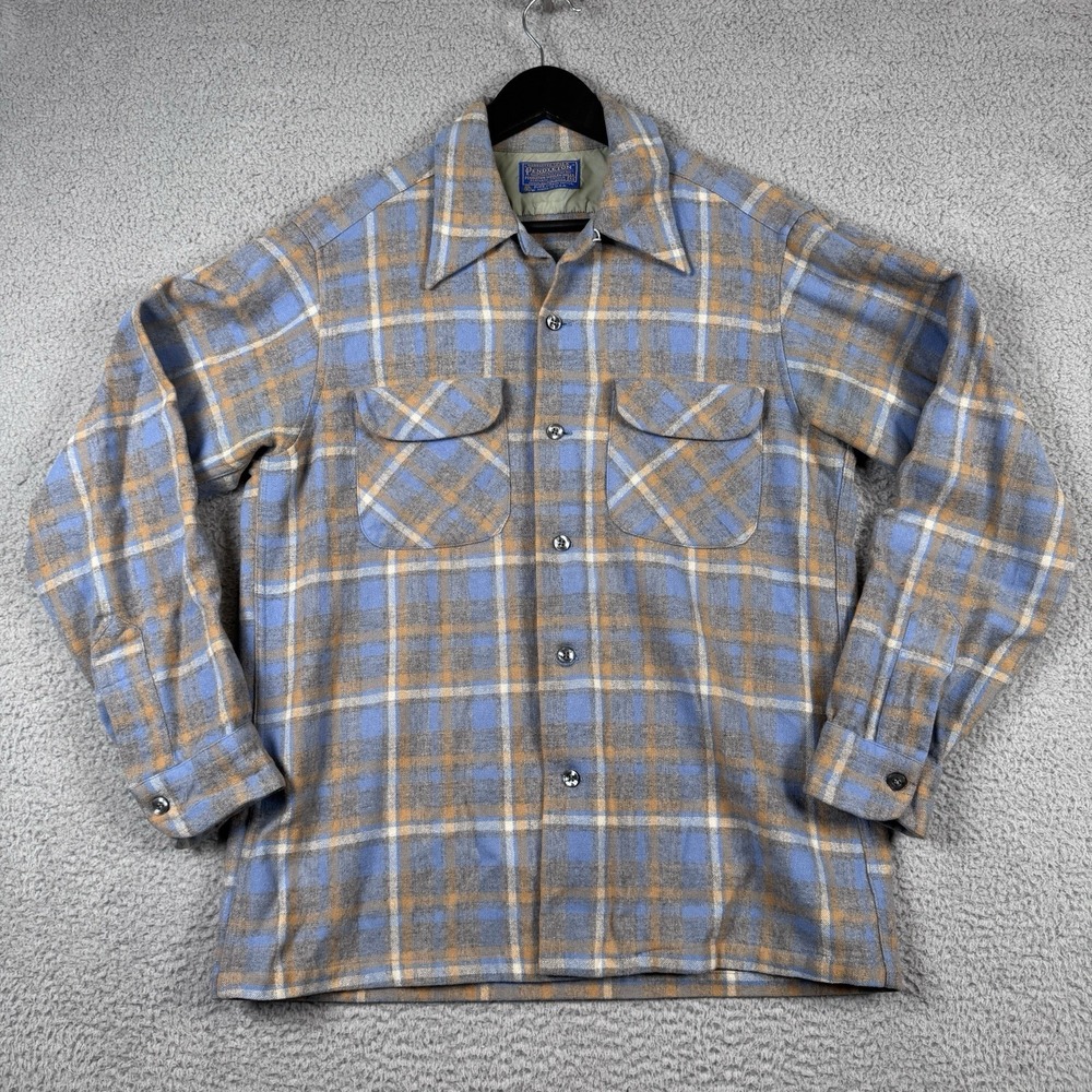 Vintage 60s 70s Pendleton Board Shirt Plaid Wool Loop Collar Blue Tan Mens M